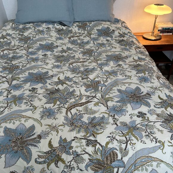 Duvet Cover Queen Size 100% Cotton Blue Cream Gold Floral Reversable - Picture 3 of 8